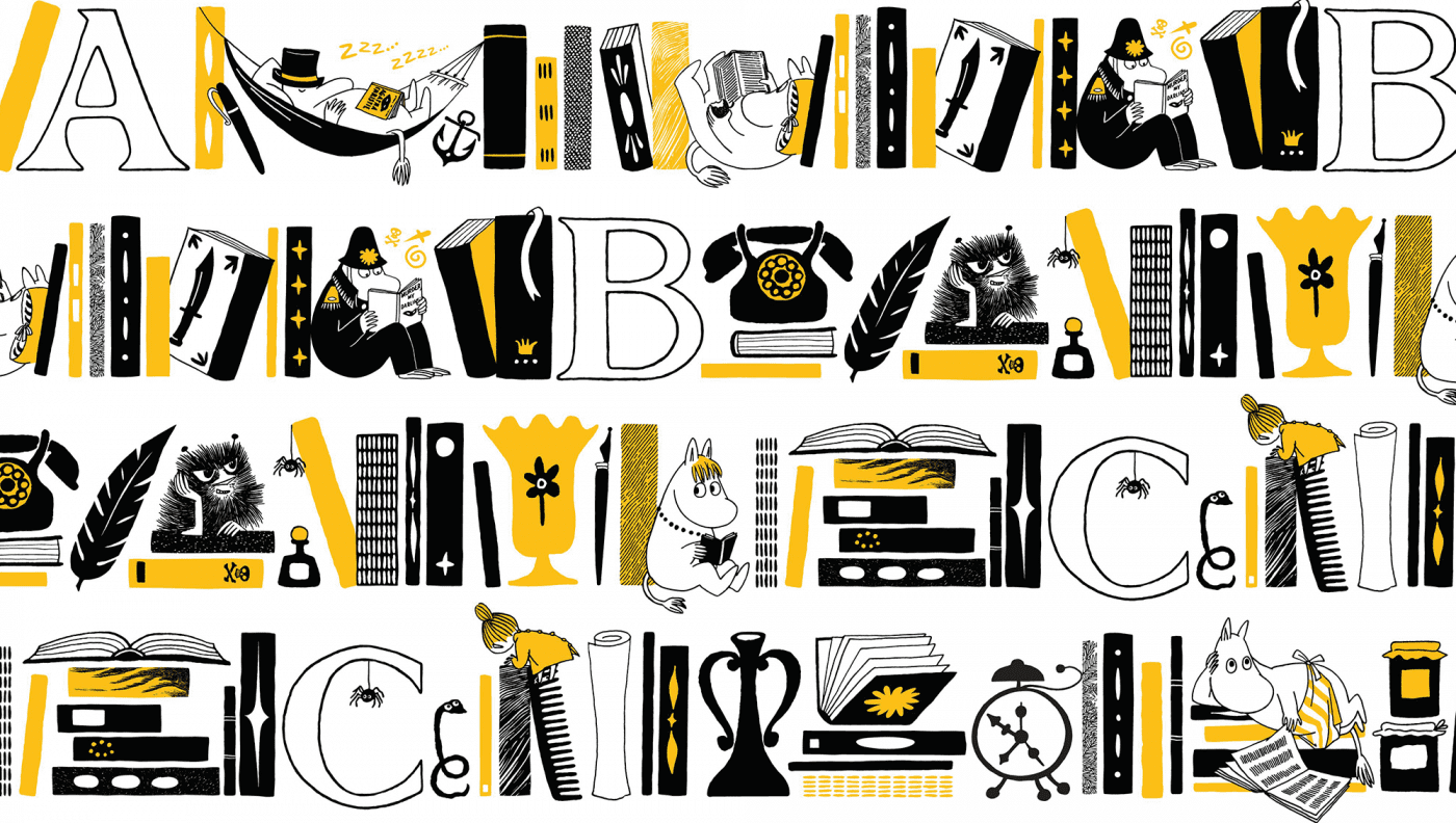 「Reading, writing and the Moomins」というコンセプトのもと、「ムーミン」の独特なアルファベットアートを用いたデザインの「ABCコレクション」。手描きの風合いや、特徴的なオリジナルレタリングがとても魅力的です。 ABCコレクションのシリーズの一つである「Bookshelf」は、“棚”の中でムーミンたちや本、モチーフそしてアルファベットが組み合わされています。白と黒を基調としたグラフィックに、1色のアクセントカラーを効果的に使用し、読むこと、書くことへの興味を誘います。